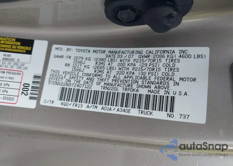 2007 Toyota Tacoma z USA, uszkodzony, nr VIN 5TENX22N97Z407122